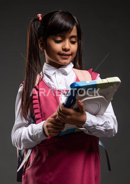 متابعة الدروس عن طريق منصات التعلم عن بعد، مفهوم التعليم المنزلي، حل الواجبات وتسليمها عبر الأونلاين، بورتريه مقرب لطالبة عربية خليجية سعودية ترتدي الزي المدرسي والحقيبة المدرسية تحمل بيدها جهاز التابلت التقني، طرق ومناهج تعليمية حديثة ومتطورة، خلفية سوداء.