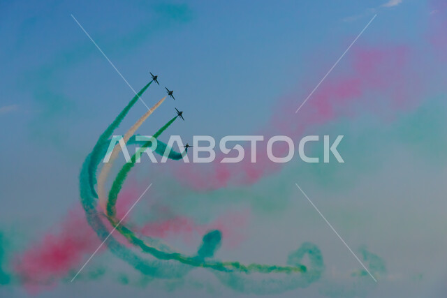 فعاليات يوم العلم 11 مارس، العيد الوطني السعودي، تزيين السماء بالدخان الملون، عروض جوية عسكرية في احتفالات اليوم الوطني 23 سبتمبر، تحليق الطيران الحربي السعودي في سماء المملكة العربية السعودية، هيئة الترفيه السعودية