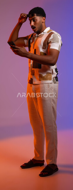 Seeing bad news on social media, a portrait of a Saudi Gulf Arab man wearing a casual outfit, holding a mobile phone in his hand, raising his sunglasses, gestures of shock, astonishment, and astonishment, failure to achieve goals, full body image, colored background