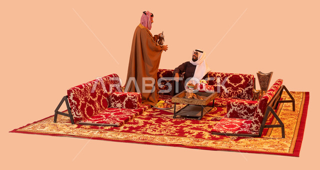 جلسة في البراري، بورتريه لرجل عربي خليجي سعودي يقوم بصب القهوه العربيه، ايماءات وجه تدل على البشاشة والترحيب بالضيف، أنشطة شبابية في صحراء السعودية، رحلة تخييم في الخارج مع الأصدقاء، خلفية بيج