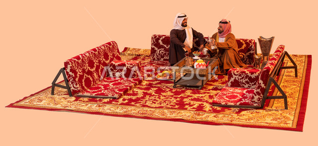 جلسة بر عربية شعبية، بورتريه لرجلان عربيان خليجيان سعوديان يشربان القهوة العربية في جلسة برية , عادات وتقاليد سعودية اصيلة في حسن الضيافه والكرم، أنشطة شبابية في صحراء السعودية، رحلة تخييم في الخارج مع الأصدقاء، خلفية بيج