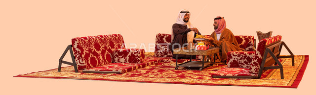 جلسة ترفيهية في الهواء الطلق، حسن الاستقبال والكرم، بورتريه لرجل عربي خليجي سعودي يقوم بتقديم الضيافة،  تبادل القصص والحكايات التراثية أثناء الكشتة البدوية، مشاركة الأفكار والخبرات وتبادل المعرفة بين الشباب، خلفية بيج