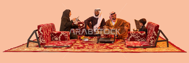 Sitting around the clay stove for warmth, a traditional Bedouin family kashta, traditional customs and traditions in honoring the guest, a wild picnic in the desert, the concept of good hospitality and reception, a portrait of a Saudi Gulf Arab woman using a copper pot to pour coffee, a beige background