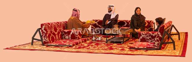 Providing fruits to guests, a wild picnic in the desert, recreational tourist camping trips, ancient Saudi customs and traditions in hospitality and reception, hanging out and exchanging conversations in a popular kashta, a portrait of a Gulf Arab family in an outdoor session, a beige background