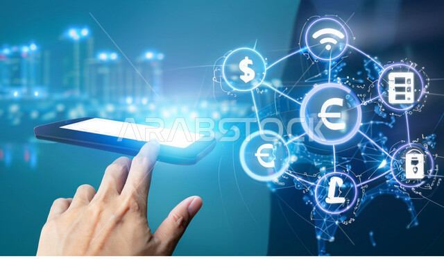 ايقونات ورموز مالية بتقنية هولوجرامية ثلاثية الابعاد، استخدام شبكات الاتصال في تداول العملات العالمية، صورة مقربة ليد رجل يقوم بالنقر على الهاتف المحمول، تبادل المعلومات وإدارة الأموال عبر شبكة الواي فاي اللاسلكية، التطور التكنولوجي في السعودية