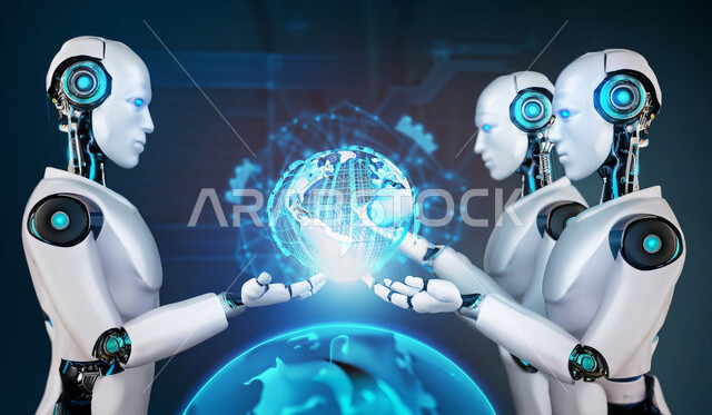 شبكة البيانات الضخمة والتحول الرقمي، الابتكار والعلوم وتكنولوجيا الذكاء الاصطناعي, التعلم الآلي عن بعد، أيدي الروبوت تلمس مجسم هولوجرامي ثلاثي الأبعاد للكرة الأرضية، رجل آلي حديث ومتطور بتقنية عالية