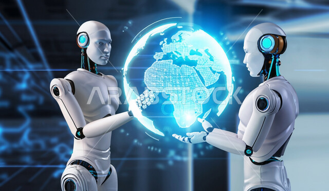 التعلم الآلي عن بعد، أيدي الروبوت تلمس مجسم هولوجرامي ثلاثي الأبعاد للكرة الأرضية, شبكة البيانات الضخمة والتحول الرقمي، الابتكار والعلوم وتكنولوجيا الذكاء الاصطناعي، رجل آلي حديث ومتطور بتقنية عالية