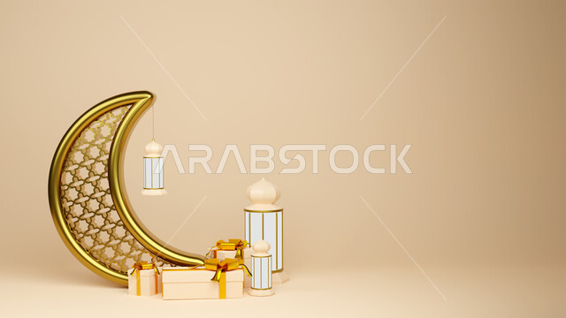 Backgrounds of the holy month of Ramadan, 3D Ramadan artifacts, celebrating the coming of the month of goodness, Islamic decorations and lights, spiritual Ramadan atmosphere, the happy Eid al-Fitr crescent