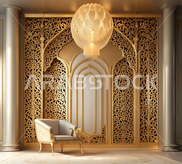 تصاميم عصرية حديثه لغرفة المعيشة، ديكورات داخلية على الطراز الاسلامي ,  زخارف عربية اسلامية, شقق وفلل سكنية, الفن الهندسي المعماري , رسومات وأشكال هندسية ذهبية على الجدران .