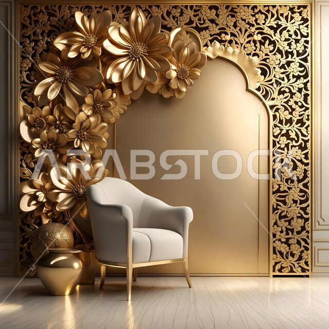 زخارف وزهور جدارية عربية اسلامية, تصاميم عصرية حديثه لغرفة المعيشة، ديكورات داخلية على الطراز الاسلامي ,   شقق وفلل سكنية, الفن الهندسي المعماري , رسومات وأشكال هندسية ذهبية على الجدران.