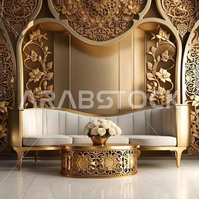 كوش أفراح في قاعات المناسبات والاحتفالات , صالات الزواجات والأعراس السعيدة , نقوش وزخارف جدارية ذهبية , تصاميم عصرية حديثه ، الفن الهندسي المعماري , رسومات وخلفيات ورود فنية .
