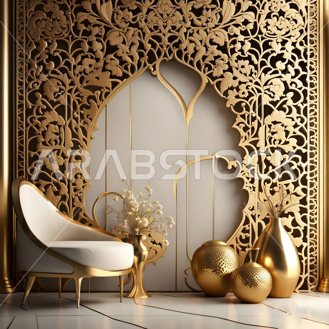 زخارف ذهبية جدارية عربية اسلامية ,الفن الهندسي المعماري ،ديكورات داخليه عصريه حديثه في غرفة المعيشه،  رسومات واشكال هندسيه على الجدران  في المنازل والفنادق الراقيه 