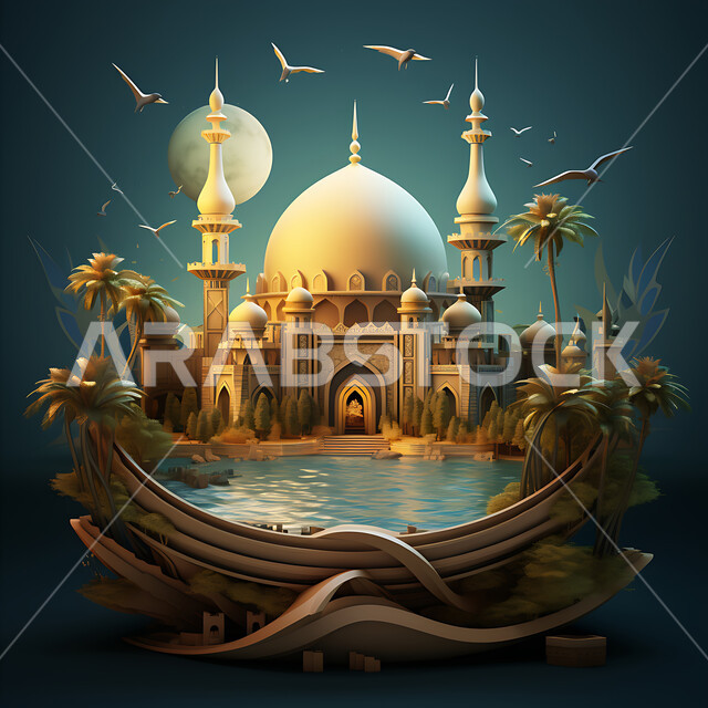 قدوم شهر الخير ،زينة الاعياد والمناسبات الدينية، مجسمات ثلاثية الابعاد للمساجد والقبب وسط الطبيعه ، الديكورات والتصاميم الهندسية المميزة في رمضان المبارك، العبادة والتقرب إلى الله، خلفية زخارف اسلامية ثري دي