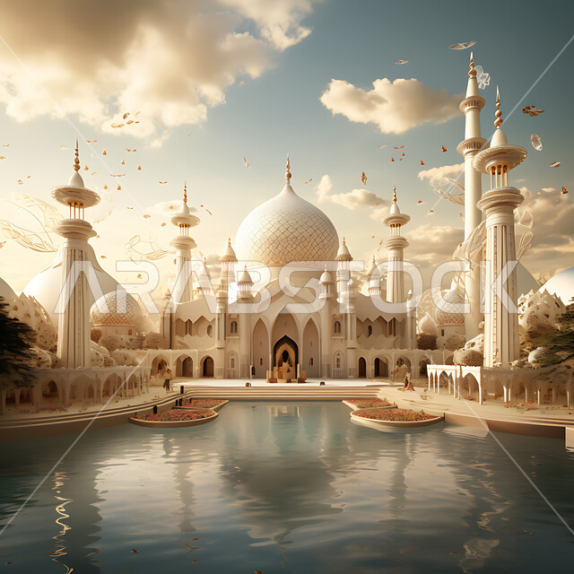 الفن الهندسي المعماري الاسلامي، زينة الاعياد والمناسبات الدينية، مجسمات ثلاثية الابعاد للمساجد والقبب ، الديكورات والتصاميم الهندسية المميزة في رمضان المبارك، قدوم شهر الخير ،العبادة والتقرب إلى الله، خلفية زخارف اسلامية ثري دي