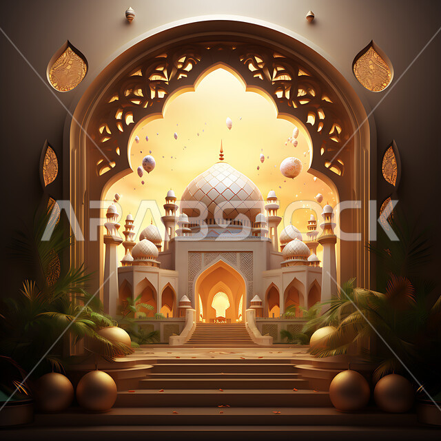 Celebrating the advent of the month of goodness, decorations for holidays and religious occasions, 3D models of mosques and domes, decorations and distinctive geometric designs in the blessed Ramadan, worship and getting closer to God, 3D Islamic decorations background