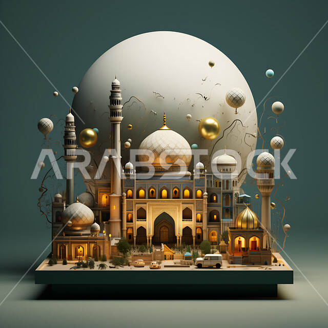 الديكورات والتصاميم الهندسية المميزة في رمضان المبارك، زينة الاعياد والمناسبات الدينية، مجسمات ثلاثية الابعاد للمساجد والقبب المضيئة المتوهجة، قدوم شهر الخير ،العبادة والتقرب إلى الله، خلفية زخارف اسلامية ثري دي