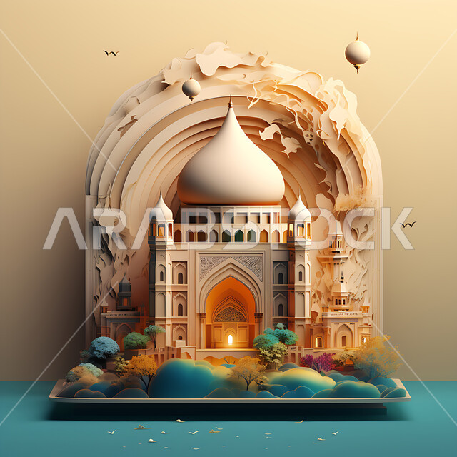 العبادة والتقرب إلى الله، زينة الاعياد والمناسبات الدينية، مجسمات ثلاثية الابعاد للمساجد والقبب ، الديكورات والتصاميم الهندسية المميزة في رمضان المبارك،  قدوم شهر الخير ،خلفية زخارف اسلامية ثري دي