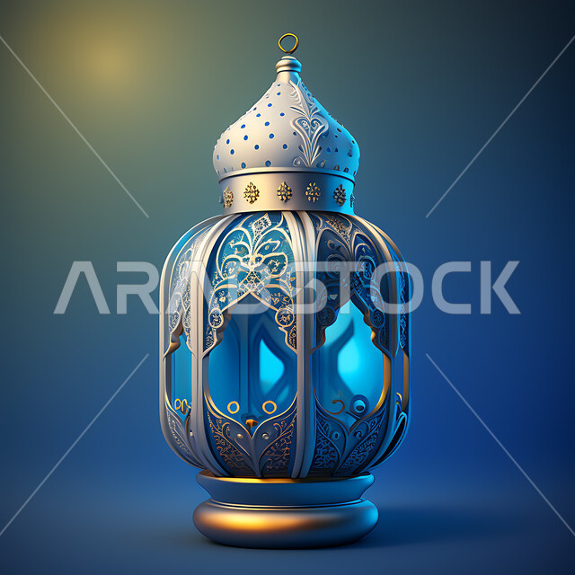 Lighting and decorations for the month of Ramadan, Islamic lanterns and antiques to celebrate the coming of the month of goodness, a traditional Arabic metal ornate luminous lamp, decorations and lights in the spiritual Ramadan atmosphere, a blue background.
