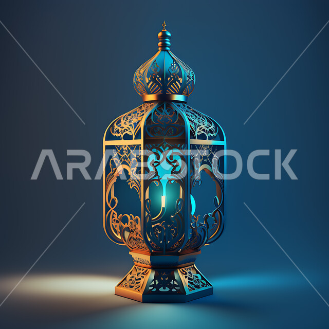 فوانيس و تحف اسلامية للإحتفال بقدوم شهر الخير، مصباح عربي تقليدي معدني مزخرف مضيئ ، إضاءة وزينة شهر رمضان، ديكورات وأنوار في الأجواء الرمضانية الروحانية، خلفية زرقاء