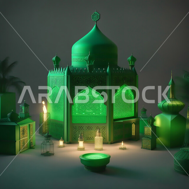 الفن الهندسي المعماري الاسلامي للتحف والاكسسوارات, مجسمات ثلاثية الابعاد للمساجد المضيئة باللون الأخضر ، زينة و انوار شهر رمضان المبارك, الاحتفال باليوم الوطني السعودي 23 سبتمبر, أماكن ومعالم دينية مقدسة