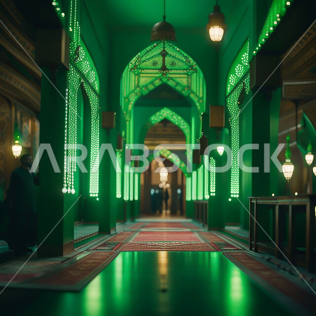 Interior decorations and designs, decorating green illuminated mosques with metal lanterns in the holy month of Ramadan, Islamic architectural art for sacred religious places and landmarks, celebrating Saudi National Day September 23