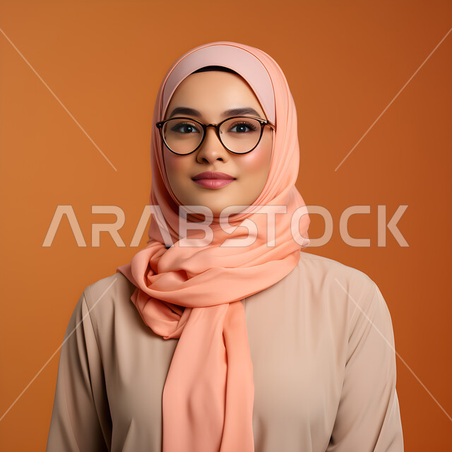  صورة شخصية للوثائق الرسمية، مفهوم ضعف البصر، الاهتمام بالمظهر الخارجي، بورتريه مقرب لامرأة عربية خليجية سعودية مبتسمة محجبة ترتدي النظارات الطبيه بايماءات السرور والبهحة، خلفية ملونة