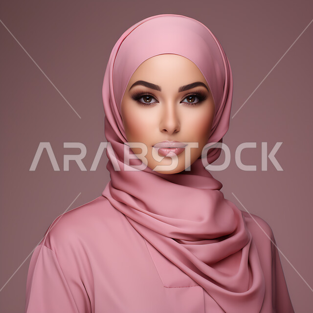 The concept of softness and femininity, attention to external appearance, a close-up portrait of a smiling, veiled Saudi Arabian Gulf woman looking at the camera with gestures of self-confidence, standing upright to take a personal photo for official documents, colored background