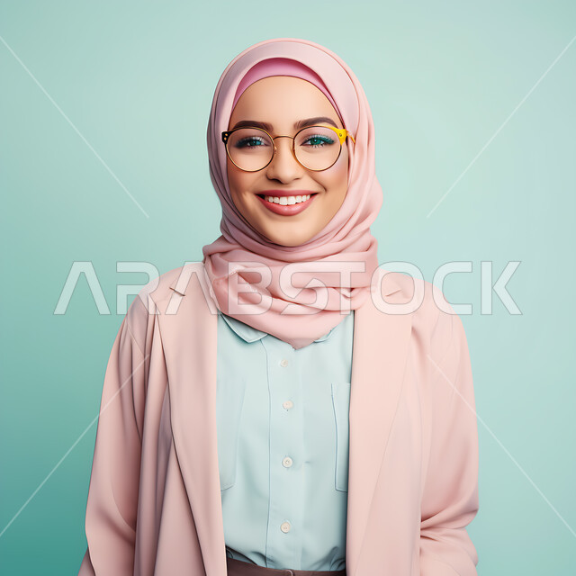  صورة شخصية للوثائق الرسمية، الاهتمام بالمظهر الخارجي، مفهوم ضعف البصر ,بورتريه مقرب لامرأة عربية خليجية سعودية مبتسمة محجبة ترتدي النظارات الطبيه بايماءات السرور والبهحة، خلفية ملونة