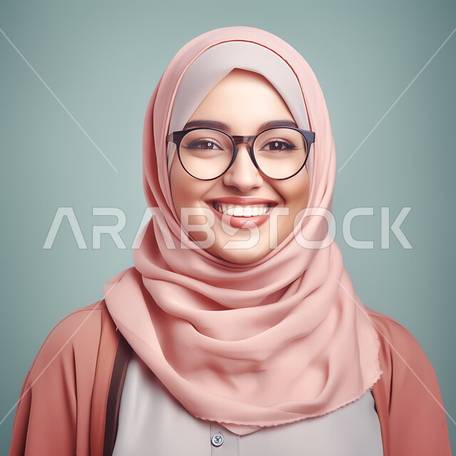 مفهوم ضعف البصر، الاهتمام بالمظهر الخارجي، بورتريه مقرب لامرأة عربية خليجية سعودية مبتسمة محجبة ترتدي النظارات الطبيه  بايماءات السرور والبهحة، صورة شخصية للوثائق الرسمية، خلفية ملونة