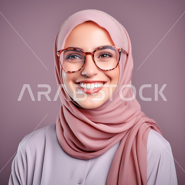 Concern with external appearance, the concept of poor eyesight, a close-up portrait of a smiling, veiled Saudi Arabian Gulf woman wearing medical glasses with gestures of happiness and joy, a personal photo for official documents, a colored background.