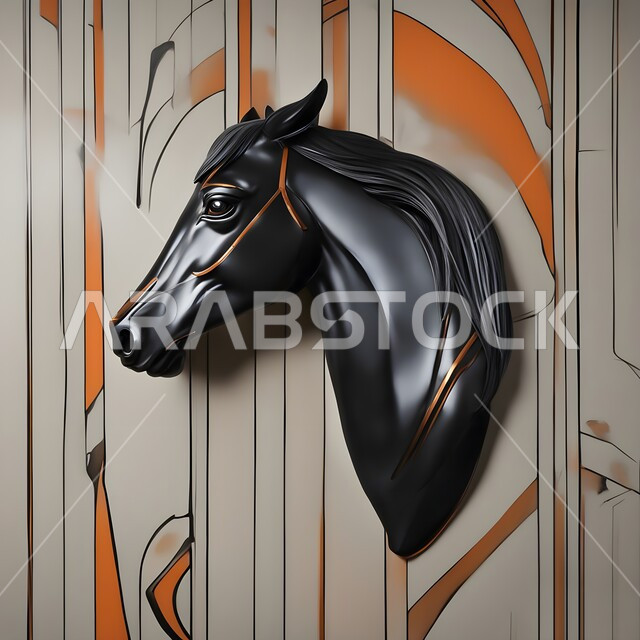 مجسم جداري ثلاثي الأبعاد لرأس حصان اسود عربي اصيل، الشغف بالخيول العربية السعودية، تصاميم فنية مبتكرة للديكورات والمجسمات التراثية التقليدية، رمز الشجاعة والفروسية، اطارات ورسومات جدارية مميزة