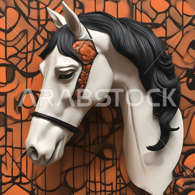 Innovative artistic designs for decorations and three-dimensional models, traditional heritage wall artefacts depicting the head of a purebred white Arabian horse, a symbol of courage and chivalry, a passion for Saudi Arabian horses, a background for distinctive wall graphics.