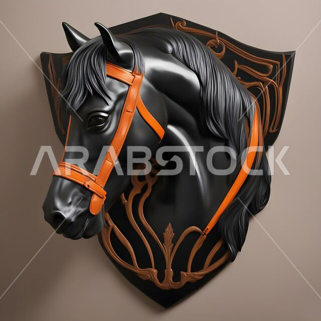 تصاميم فنية مبتكرة للديكورات والمجسمات التراثية التقليدية، مجسم جداري ثلاثي الأبعاد لرأس حصان اسود عربي اصيل، الشغف بالخيول العربية السعودية، رمز الشجاعة والفروسية، خلفية رمادية