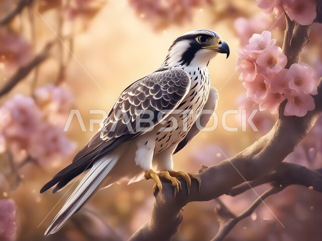 Innovative artistic designs of a falcon bird of prey standing on the trunk of a flowering tree, three-dimensional cultural heritage decorations, a symbol of strength and challenge, colorful flowers and roses, natural scenery background.