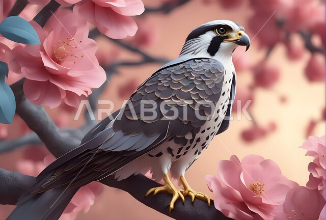 A symbol of strength and challenge, innovative designs and three-dimensional cultural heritage decorations, a wall art painting of a falcon bird of prey standing on the trunk of a flowering tree, colorful flowers and roses, a natural scenery background.