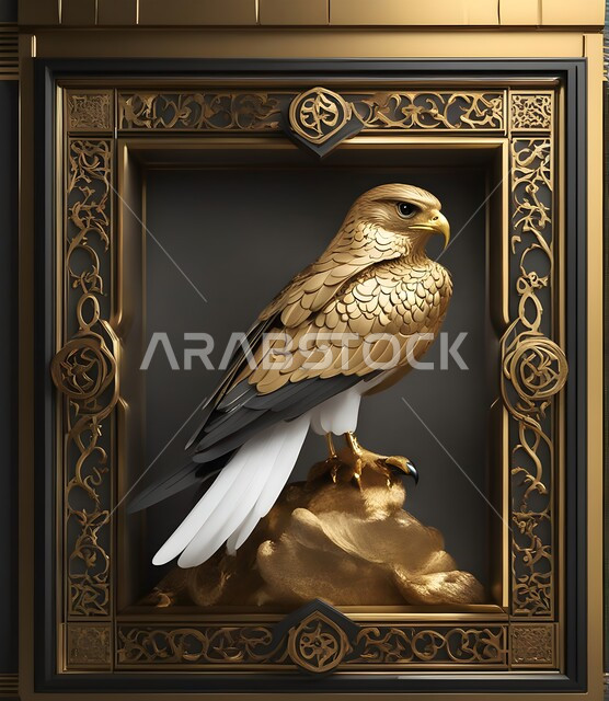 حب وشغف السعوديين بالطيور الجارحة، مجسم ثلاثي الابعاد ذهبي اللون لطائر الصقر الجارح، رمز القوة والتحدي، تصاميم مبتكرة للديكورات والمجسمات التراثية الثقافية، تحف فنية واطارات وبراويز جدارية