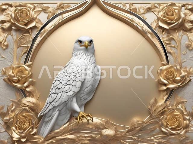 تحف فنية واطارات وبراويز جدارية، مجسم ثلاثي الابعاد لطائر الصقر الجارح ابيض اللون، رمز القوة والتحدي، حب وشغف السعوديين بالطيور الجارحة، تصاميم مبتكرة للديكورات والمجسمات التراثية الثقافية