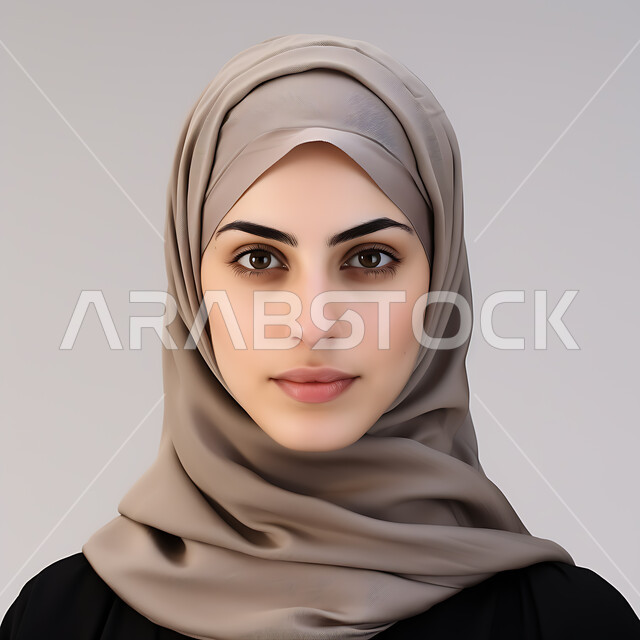 The concept of softness and femininity, a personal photo for official documents, a close-up portrait of a veiled Saudi Gulf Arab woman looking at the camera with gestures of self-confidence, concern for external appearance, colorful background