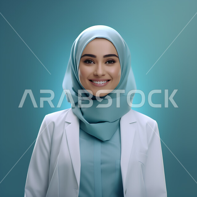Working in the medical sector, a personal photo for official documents, a close-up portrait of a smiling Saudi Arabian Gulf doctor, wearing a veiled medical uniform, looking at the camera with gestures of self-confidence, attention to external appearance, the concept of femininity and softness, white background.