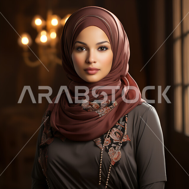 الاهتمام بالمظهر الخارجي ،مفهوم الأنوثة والنعومة، صورة شخصية للوثائق الرسمية، إمرأة عربية خليجيه سعوديةة محجبة تنظر إلى الكاميرا بايماءات الثقة بالنفس