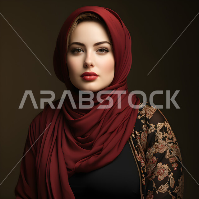 مفهوم الأنوثة والنعومة، صورة شخصية للوثائق الرسمية، بورتريه مقرب لإمرأة عربية خليجيه سعوديةة محجبة تنظر إلى الكاميرا بايماءات الثقة بالنفس ،الاهتمام بالمظهر الخارجي، خلفية سوداء