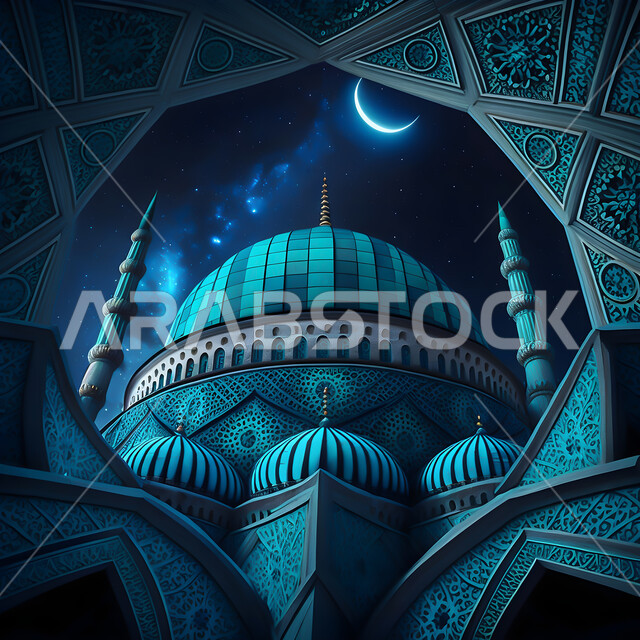 قدوم شهر الخير ، الديكورات والتصاميم الهندسية المميزة في رمضان المبارك، زينة الاعياد والمناسبات الدينية، مجسمات ثلاثية الابعاد للمساجد والقبب الزرقاء المزخرفه ،العبادة والتقرب إلى الله تعالى، منظر السماء المرصعه باللنجوم مع الهلال، خلفية زخارف اسلامية ثري دي