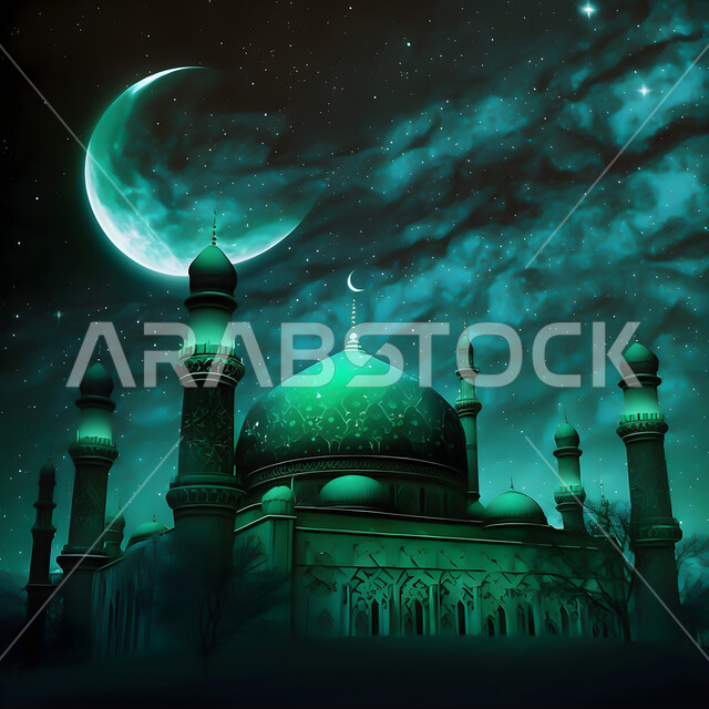  منظر السماء المرصعة بالنجوم مع الهلال، الفن الهندسي المعماري الاسلامي، زينة الاعياد والمناسبات الدينية، مجسمات ثلاثية الابعاد للمساجد والقبب ، الديكورات والتصاميم الهندسية في رمضان المبارك، قدوم شهر الخير ،العبادة والتقرب إلى الله، خلفية زخارف اسلامية ثري دي