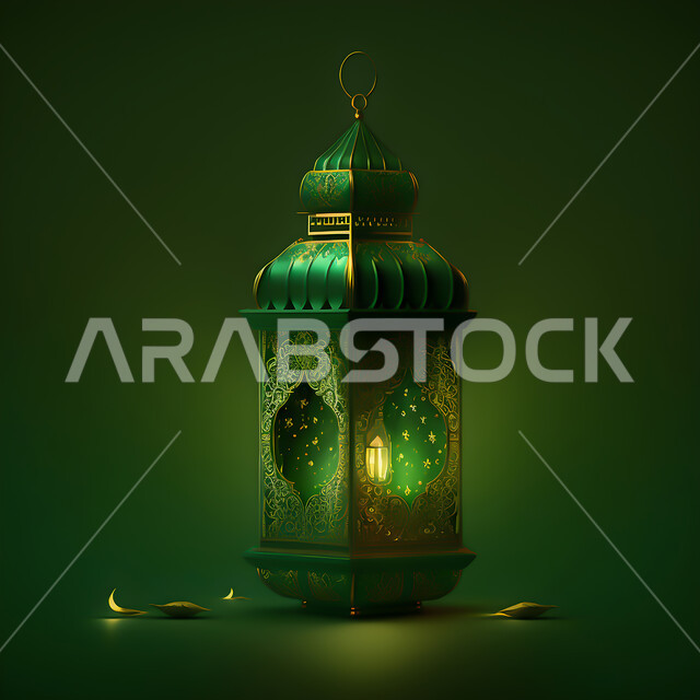 زينة و انوار شهر رمضان المبارك, مجسمات ثلاثية الابعاد للفوانيس المضيئة باللون الأخضر، الفن الهندسي المعماري الاسلامي للتحف والاكسسوارات, الاحتفال باليوم الوطني السعودي 23 سبتمبر, خلفية خضراء