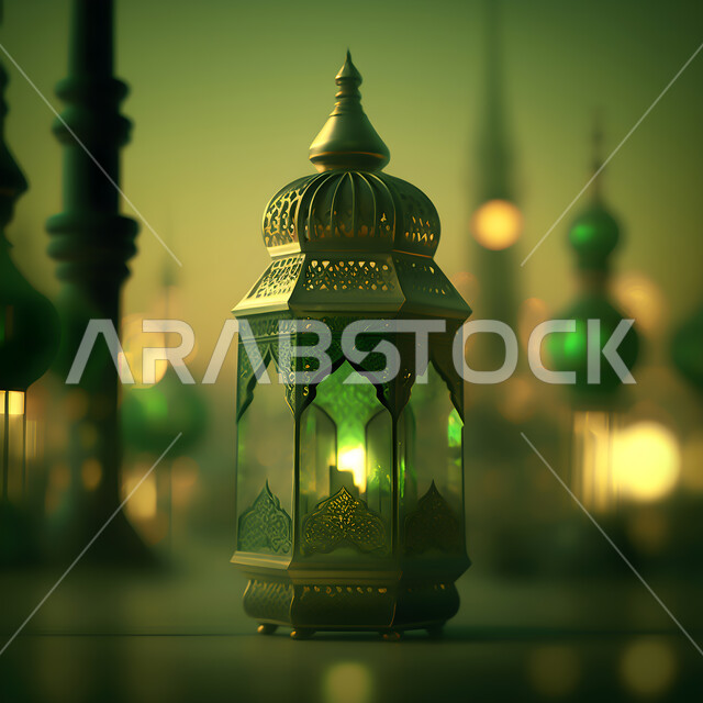 مجسمات ثلاثية الابعاد للفوانيس المضيئة باللون الأخضر، زينة و انوار شهر رمضان المبارك, الفن الهندسي المعماري الاسلامي للتحف والاكسسوارات, الاحتفال باليوم الوطني السعودي 23 سبتمبر