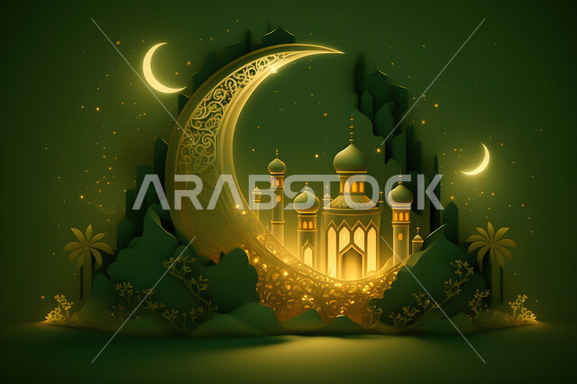 منظر الهلال في السماء المرصعة بالنجوم ،الفن الهندسي المعماري الاسلامي للتحف والاكسسوارات, مجسمات ثلاثية الابعاد للمساجد المضيئة باللون الأخضر وسط الطبيعه، زينة و انوار شهر رمضان المبارك, الاحتفال باليوم الوطني السعودي 23 سبتمبر, أماكن ومعالم دينية مقدسة