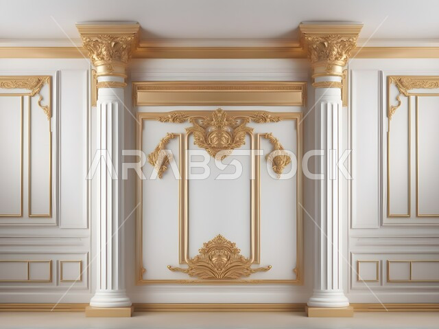 أشكال هندسية جدارية حديثة، نقوش وزخارف فنية باللون الذهبي، تصاميم وديكورات عصرية فاخرة للجدران الداخلية للمنازل، الفن الهندسي المعماري الراقي للشقق والفلل السكنية