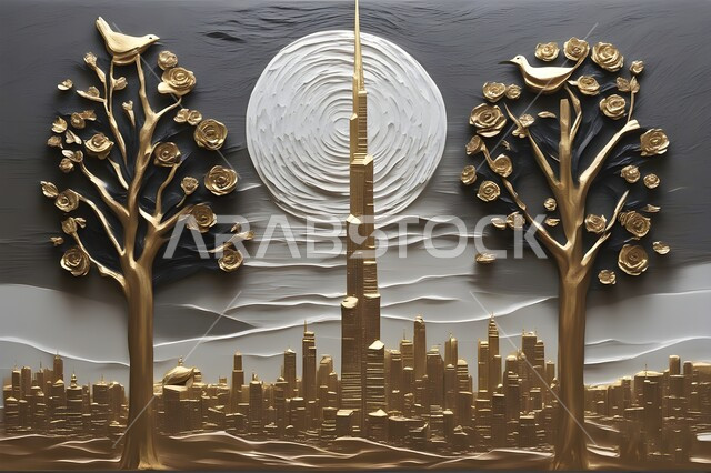 تصاميم توضيحية للمناظر والاشجار الطبيعية في دبي، الفن الهندسي المعماري لبرج خليفة الشهير، لوحة فنية بالألوان الزيتية والمائية للمعالم والاماكن السياحية في مدينة دبي، الأبراج وناطحات السحاب في دولة الإمارات