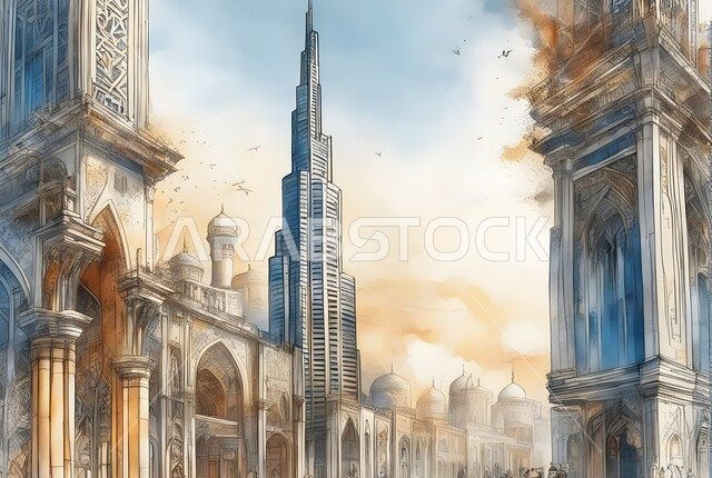لوحة فنية بألوان مائية لبرج خليفة الشهير، الفن الهندسي المعماري للأبراج وناطحات السحاب في الإمارات العربية المتحدة، رسومات وتصاميم توضيحية لمعالم ومباني دبي المشهورة
