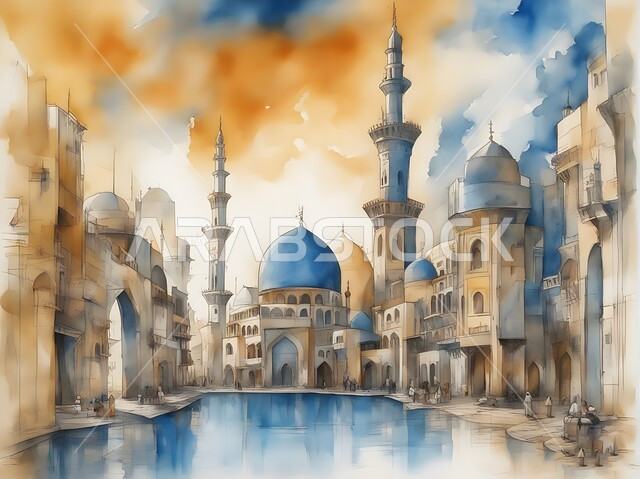 الرسومات والتصاميم الهندسية المميزة، الفن الهندسي المعماري الاسلامي للمساجد ودور العبادة، العبادة والتقرب إلى الله، لوحة فنية بألوان مائية للاماكن والمعالم الدينية المقدسة